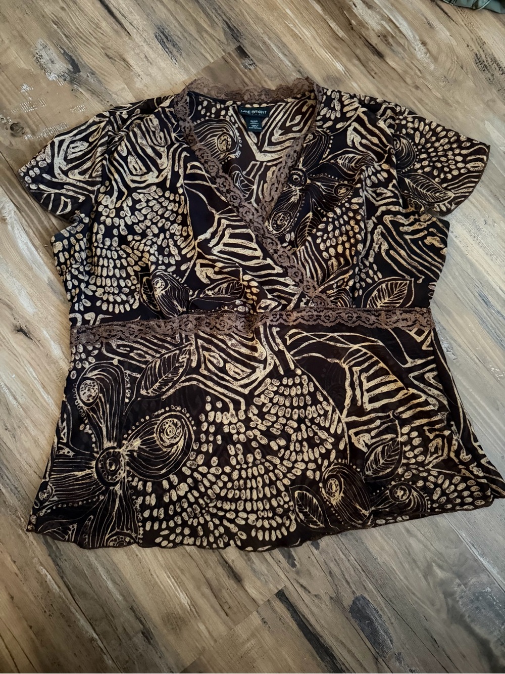 Lane Bryant Brown & Tan Floral Lace-Trim Surplice Top